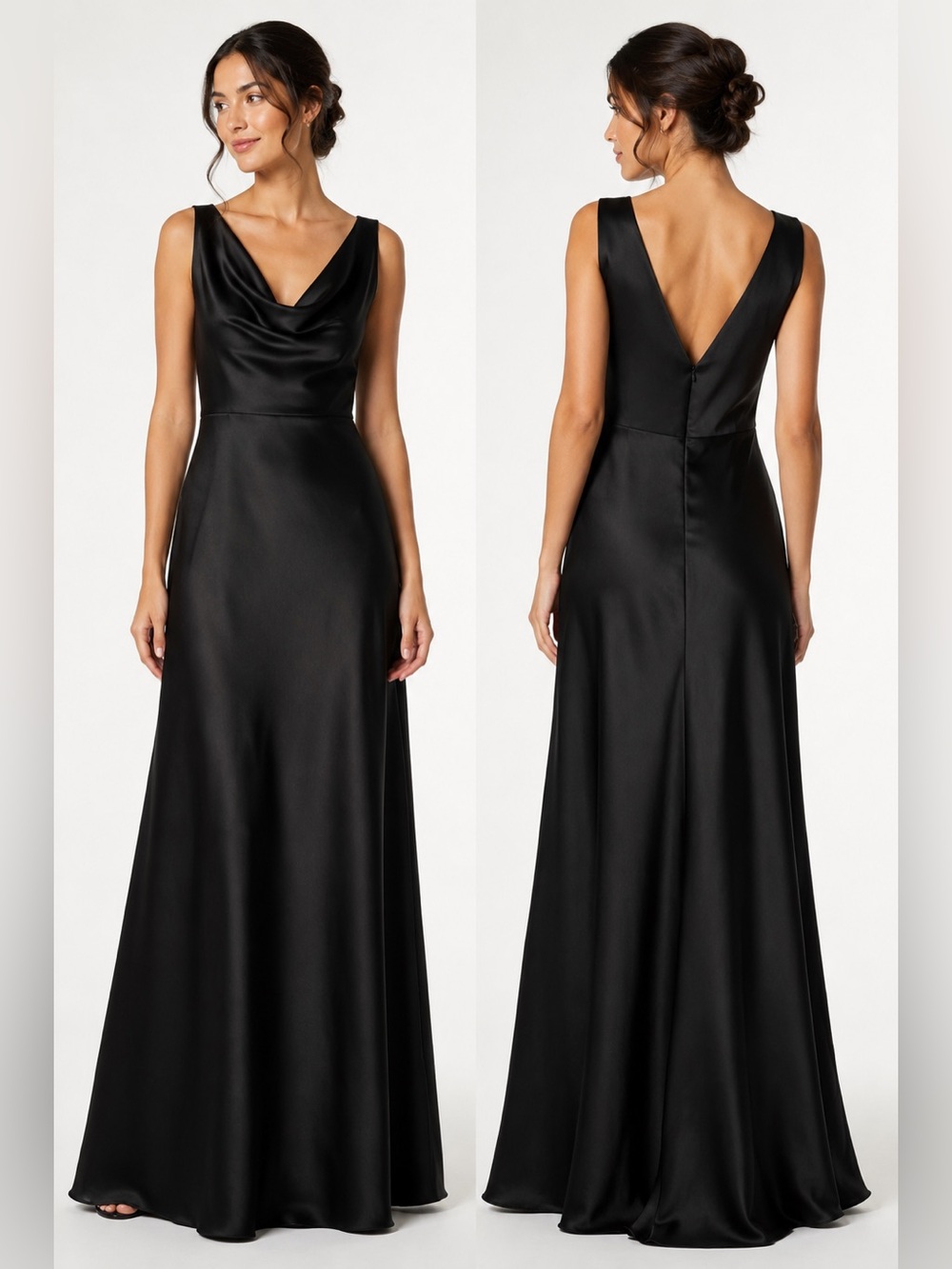 Amsale Black Satin Twill Cowl Neck Floor-Length Bridesmaid Dress — Size 10